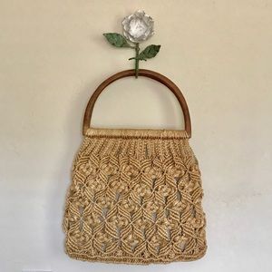 70s style macrame purse with wooden handles